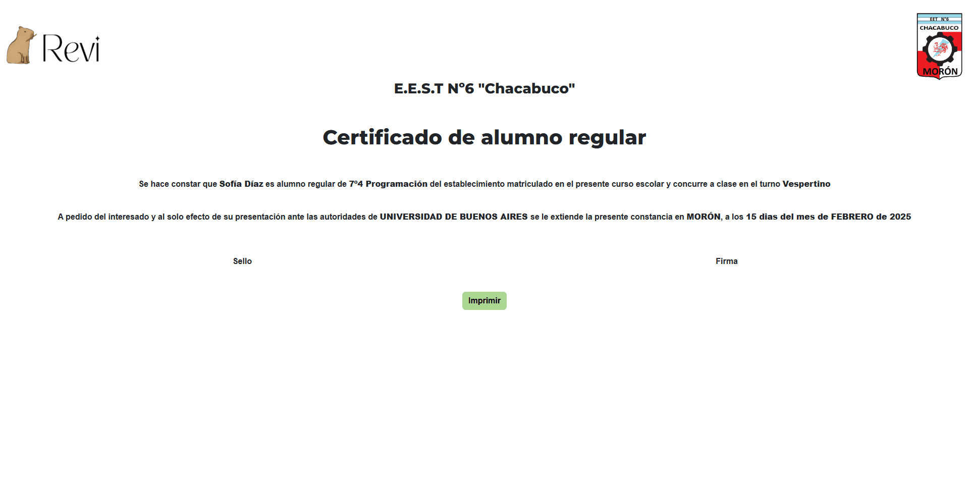 Regular Student Certificate